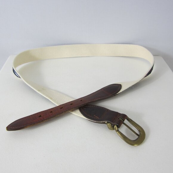 YRI Mens Nautical Sailboat Belt Navy Blue Brown Leather Brass Buckle 34" - 38" - Picture 6 of 7